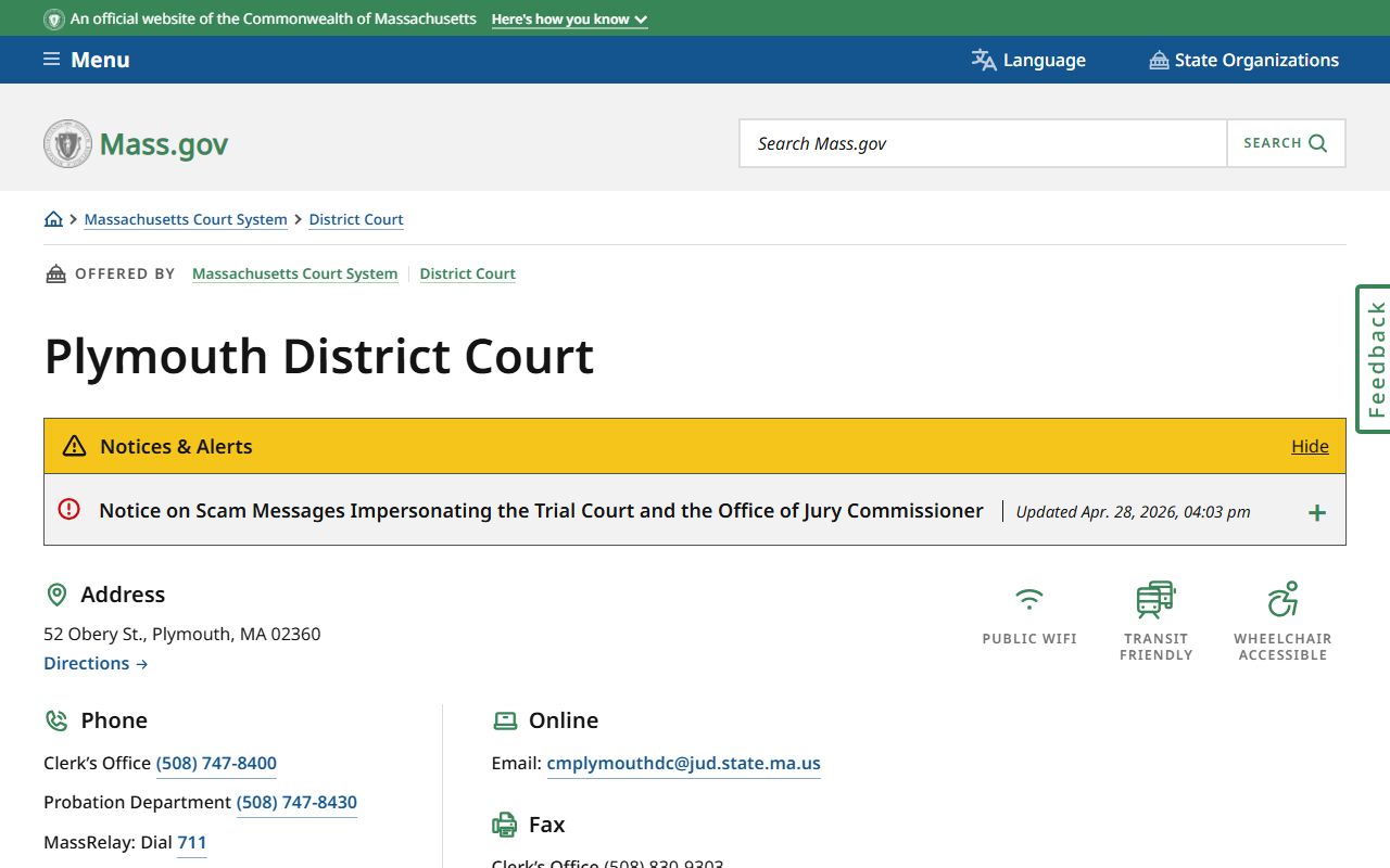 Plymouth District Court location page for Plymouth County court records
