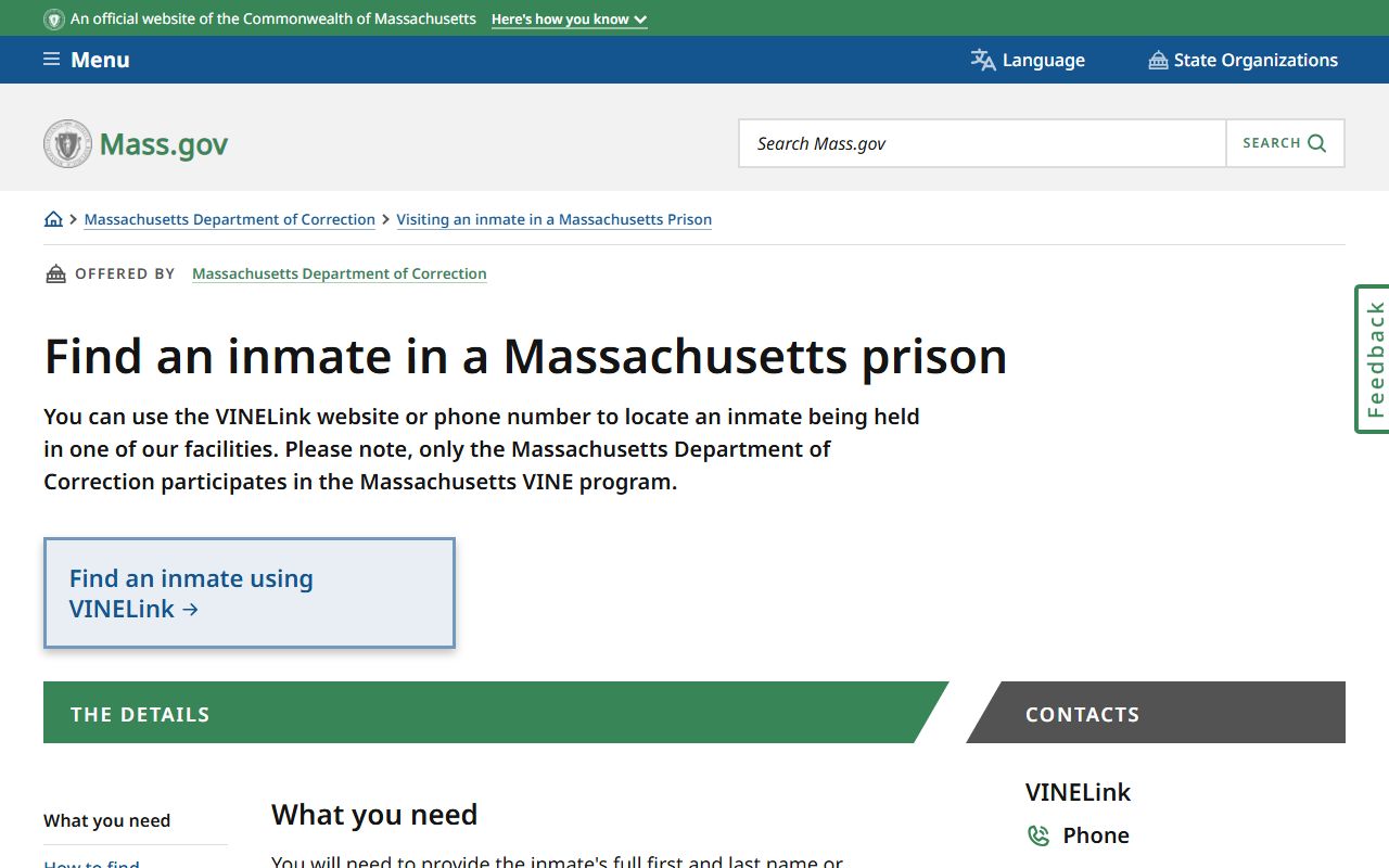 Massachusetts DOC inmate locator for Plymouth County inmate records