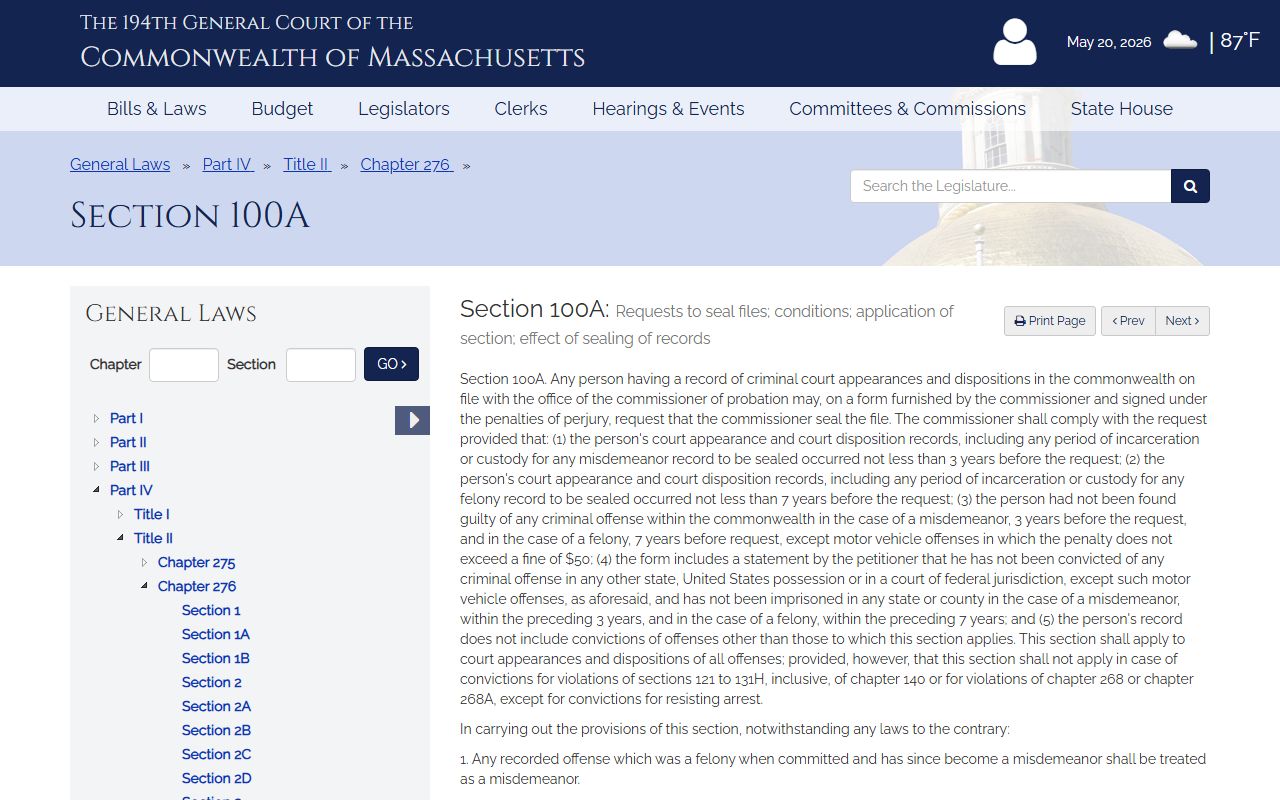 Massachusetts criminal conviction sealing statute for Plymouth County court records