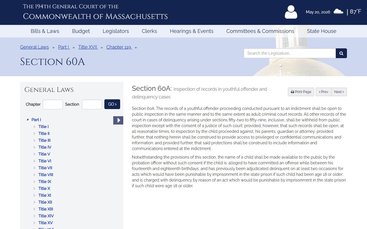 Massachusetts juvenile court record confidentiality statute for Plymouth County juvenile records