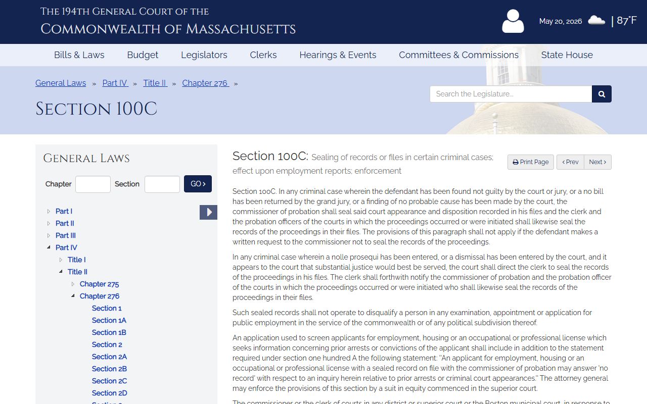 Massachusetts nonconviction sealing statute for Plymouth County arrest records