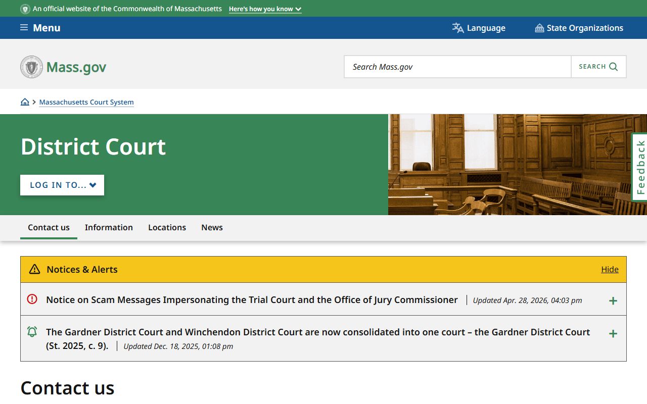 Massachusetts District Court department page for Plymouth County court records