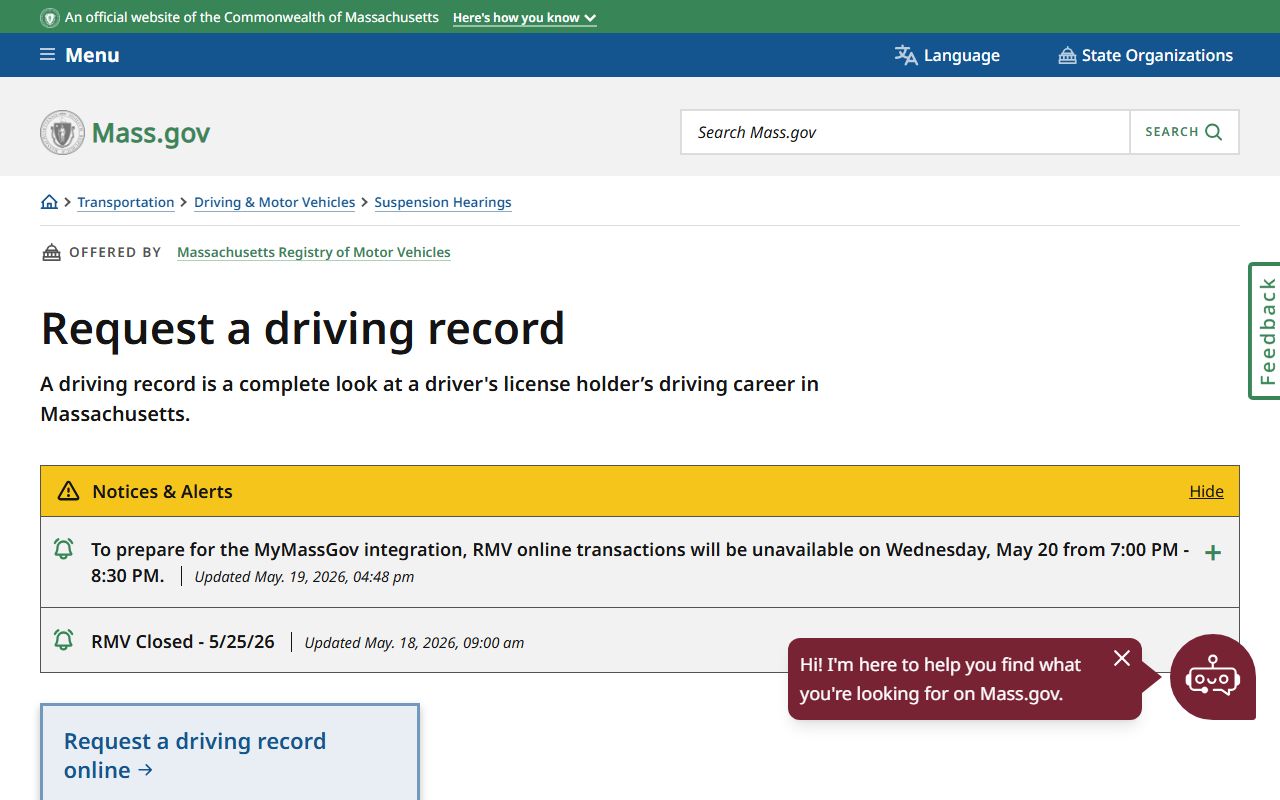 RMV driving record request page for Plymouth County traffic court records