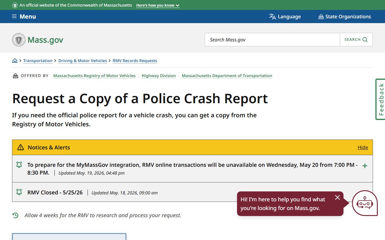 Crash report request for Plymouth County traffic court records