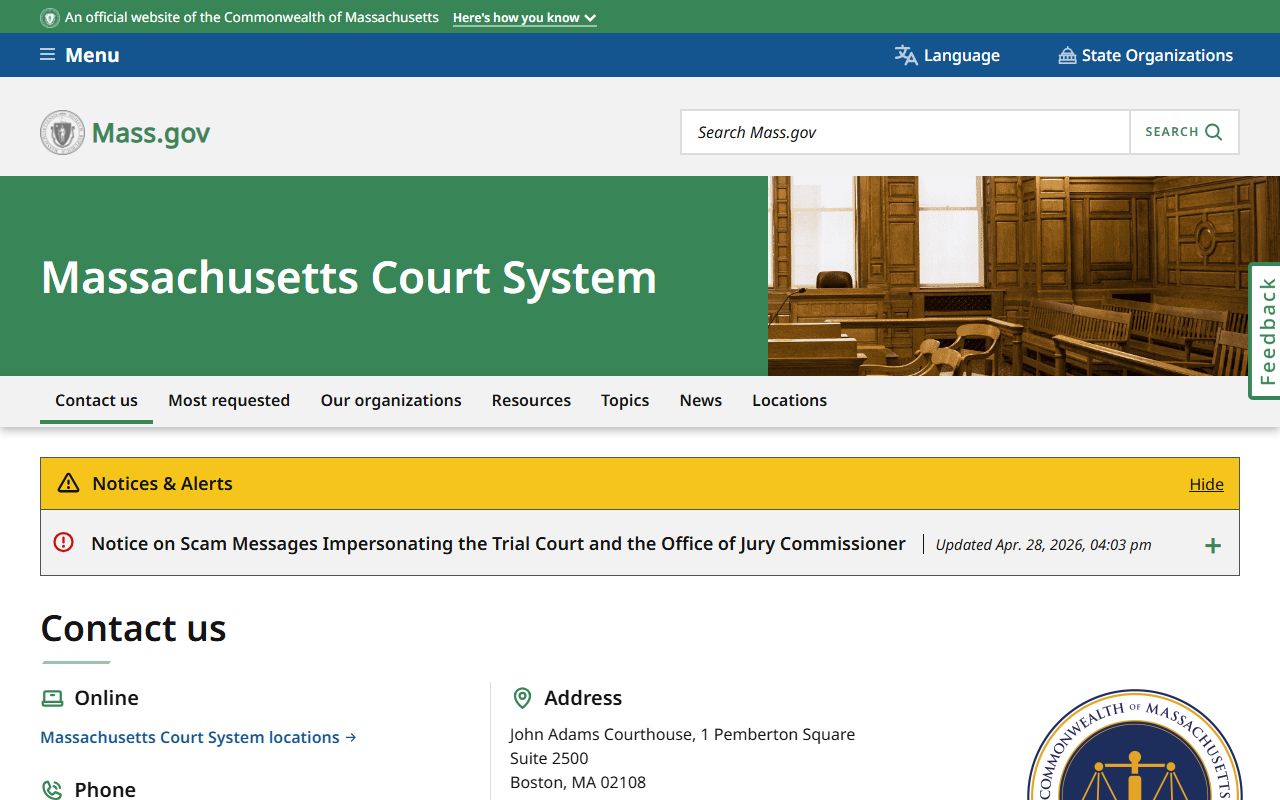Massachusetts Court System landing page used for Plymouth County court records