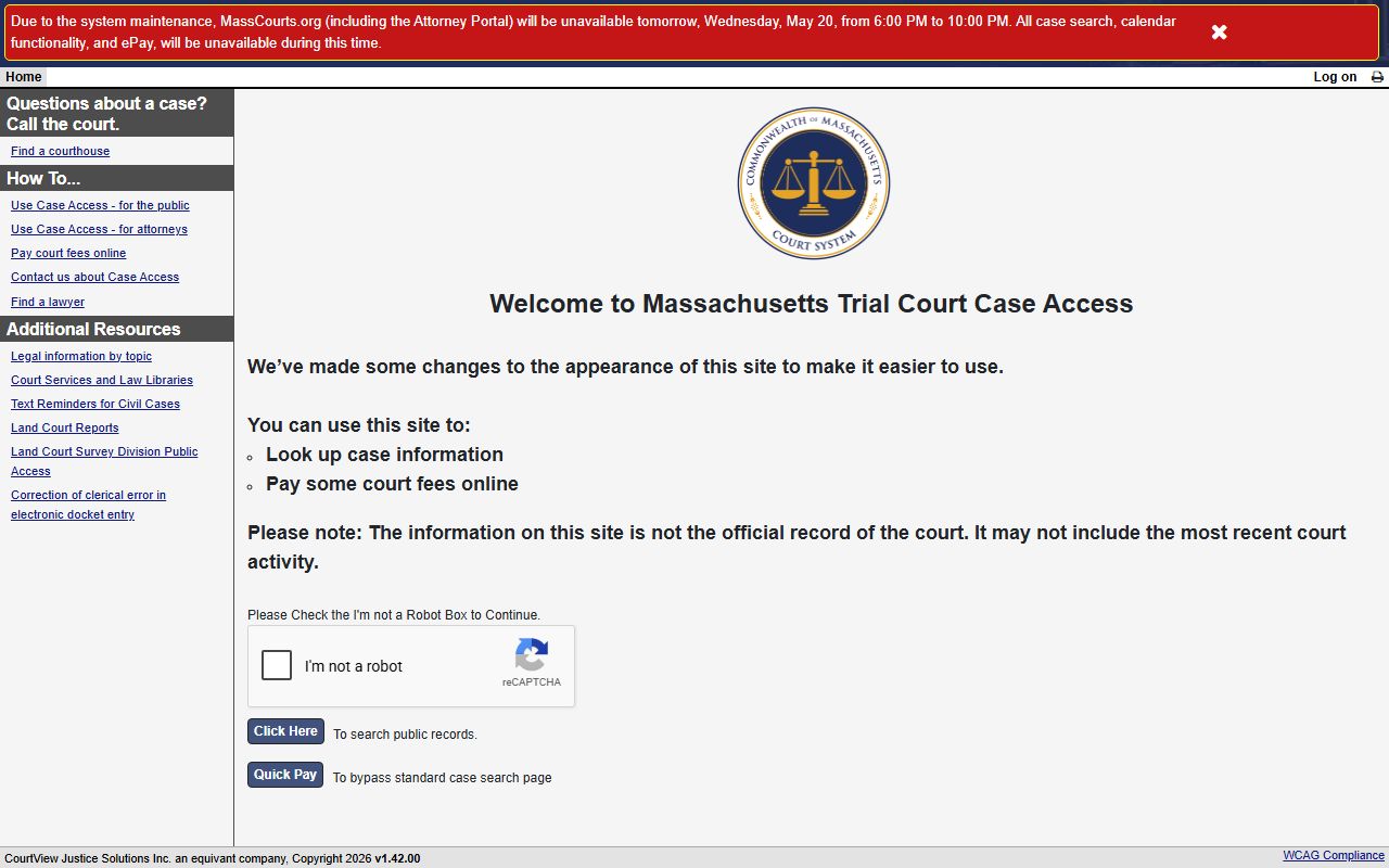 MassCourts public search portal for Plymouth County court records
