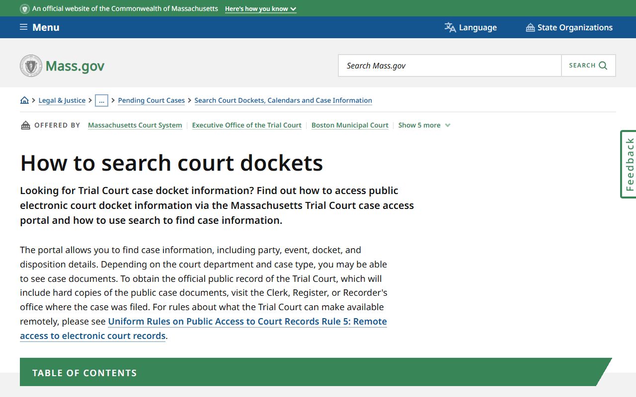 Trial Court docket search instructions for Plymouth County court dockets